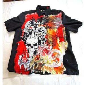 Y2K Graphic Button Up Shirt‎ Men's 2XL Skull Angel Grunge 2000s